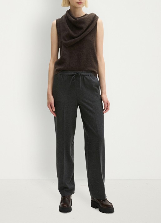 Marc O'Polo Mid waist straight fit broek met trekkoord - voorkant 5 coal grey melange / grijs