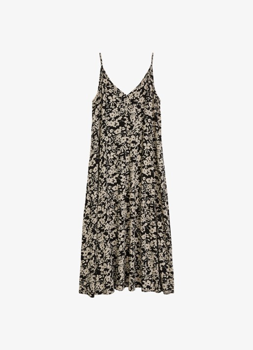 Marc O'Polo Midi jurk met V-hals en bloemenprint - voorkant 4 black multi 03 / zwart