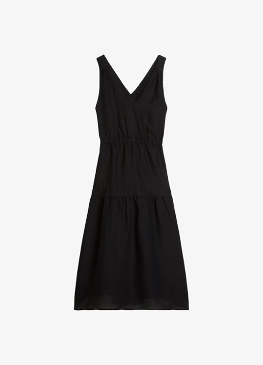 Marc O'Polo Midi jurk van linnen met plooien - voorkant black-0001 / zwart