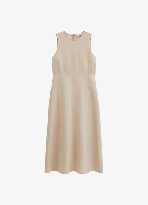 Marc O'Polo Midi jurk van linnen met ronde hals - voorkant 4 sandpaper-2326 / beige