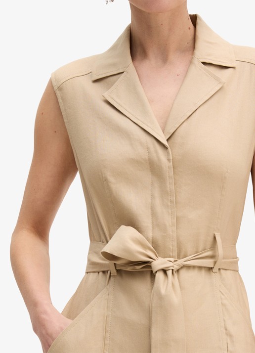 Marc O'Polo Midi mouwloze jurk in linnenblend met strikceintuur - detail 3 sandpaper-2326 / beige