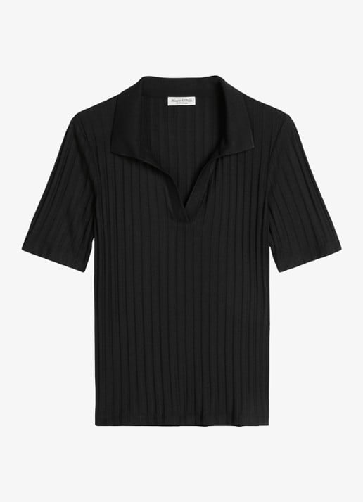 Marc O'Polo Pointelle polo met korte mouw - voorkant 4 black / zwart