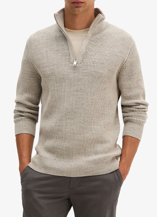 Marc O'Polo Ribgebreide trui in wolblend met halve rits  - detail beige