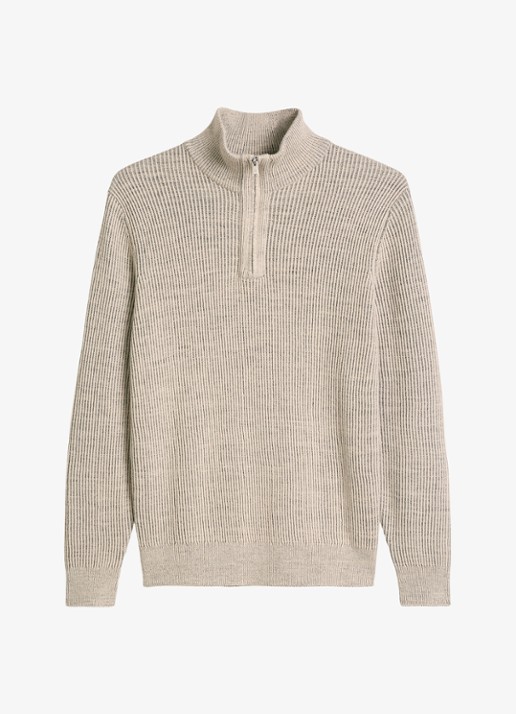 Marc O'Polo Ribgebreide trui in wolblend met halve rits  - voorkant 4 beige
