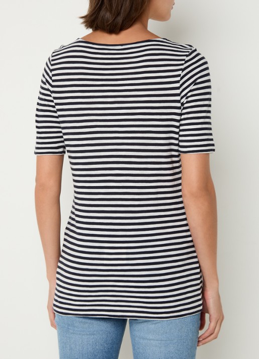 Marc O'Polo T-shirt met boothals en streepprint - achterkant donkerblauw