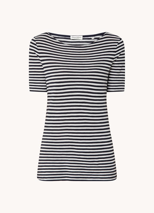 Marc O'Polo T-shirt met boothals en streepprint - voorkant 2 donkerblauw