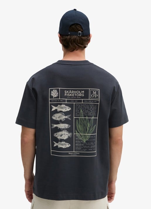 Marc O'Polo T-shirt met logo- en backprint - achterkant 5 donkerblauw