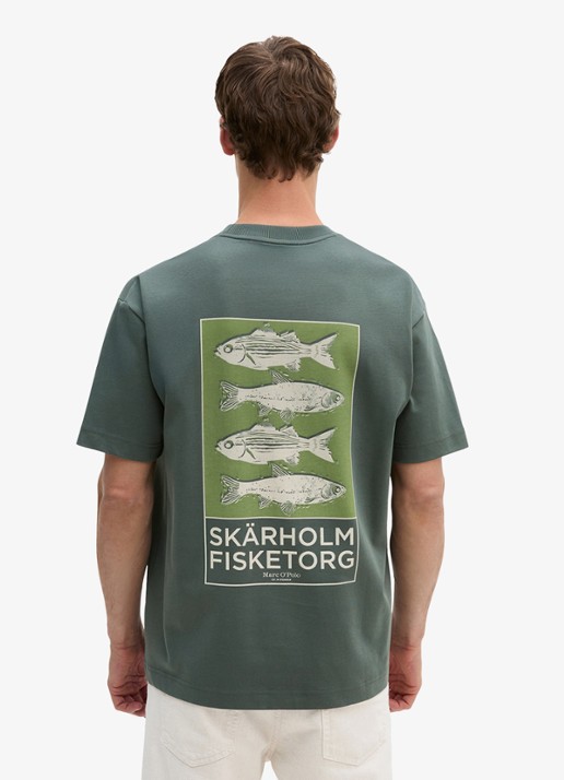 Marc O'Polo T-shirt met logo- en backprint - achterkant 3 donkergroen