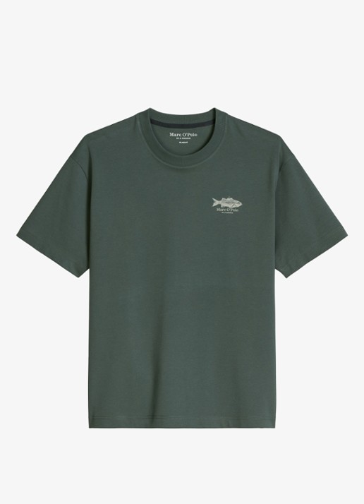 Marc O'Polo T-shirt met logo- en backprint - voorkant donkergroen