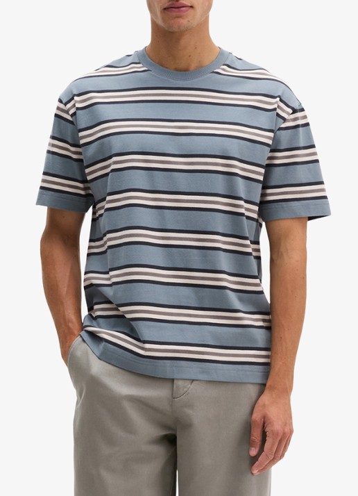 Marc O'Polo T-shirt met streepdessin  - detail blauwgrijs