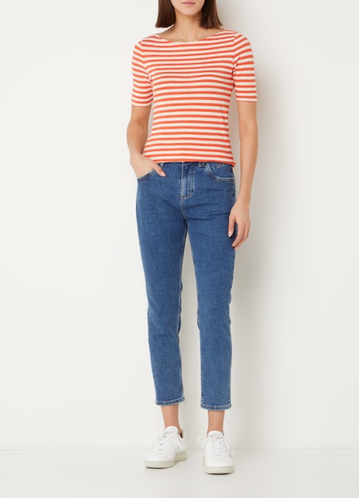 Marc O'Polo T-shirt met streepprint en stretch - voorkant 2 oranjerood