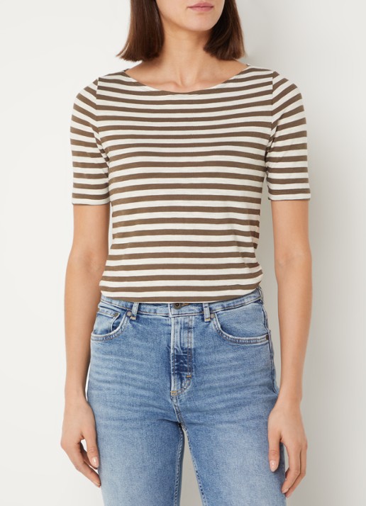 Marc O'Polo T-shirt met streepprint en stretch - detail 4 lichtbruin