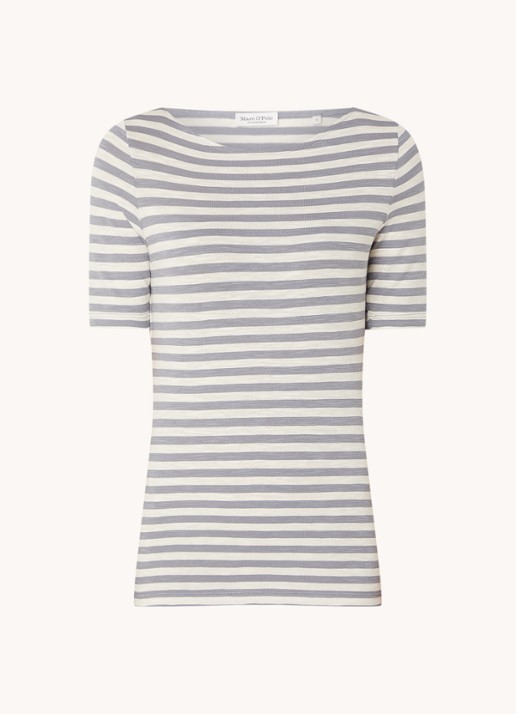 Marc O'Polo T-shirt met streepprint en stretch - voorkant 3 lichtgrijs