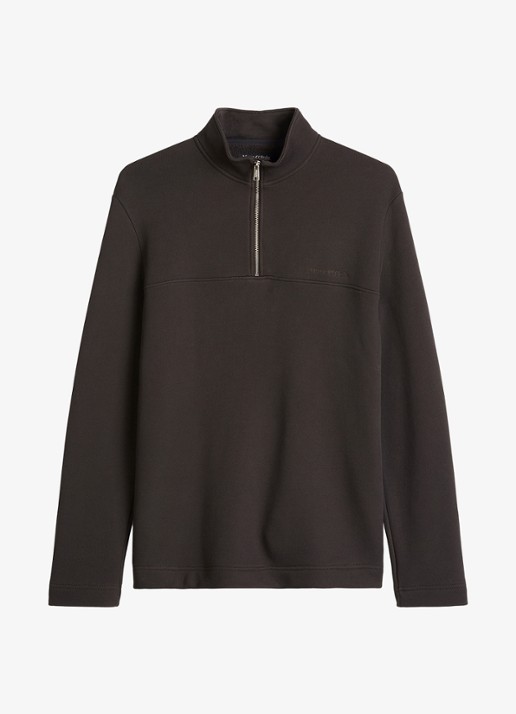 Marc O'Polo Trui met halve rits en logo  - voorkant 4 donkerbruin