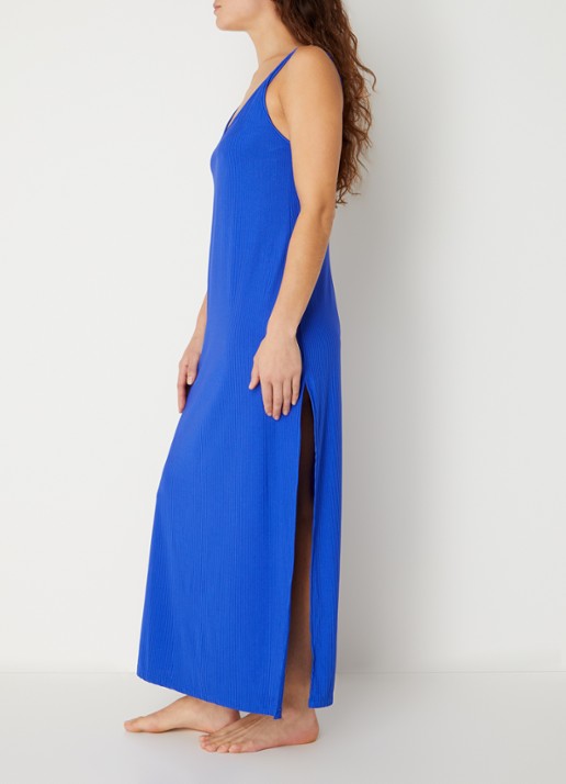 Marie Jo Emly maxi strandjurk met spaghetti bandjes en ribstructuur - voorkant 3 kobaltblauw