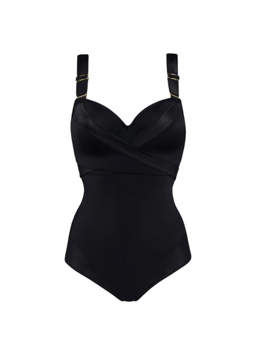 Marlies Dekkers Cache Coeur voorgevormd bandeau badpak met strikdetail en beugelondersteuning - voorkant zwart