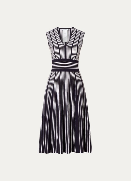 Max Mara Agreste midi jurk met V-hals en streepprint - voorkant donkerblauw
