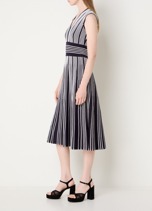 Max Mara Agreste midi jurk met V-hals en streepprint - voorkant 2 donkerblauw