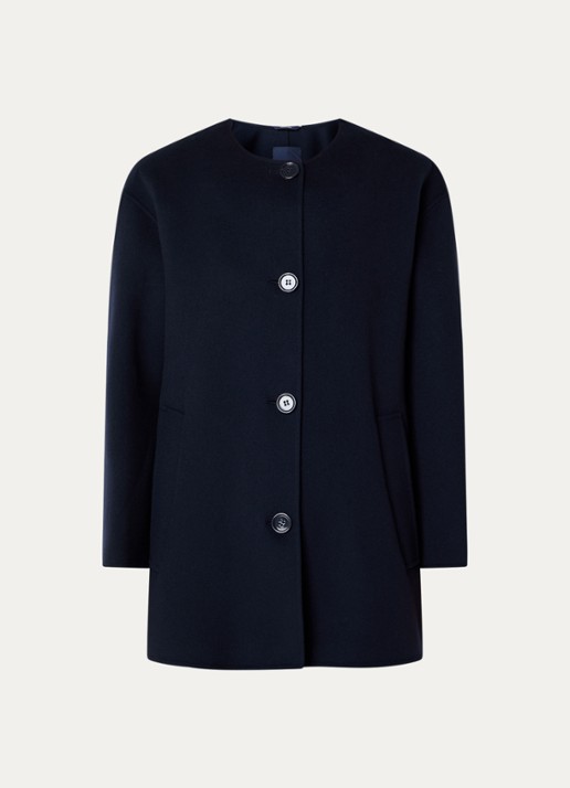 Max Mara Alicia mantel van scheerwol met steekzakken en sjaalkraag - voorkant 2 donkerblauw