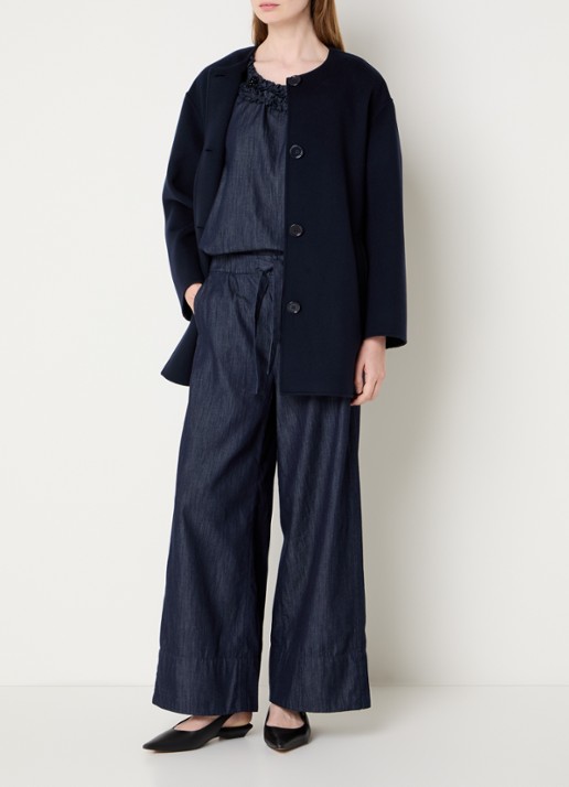 Max Mara Alicia mantel van scheerwol met steekzakken en sjaalkraag - voorkant 3 donkerblauw