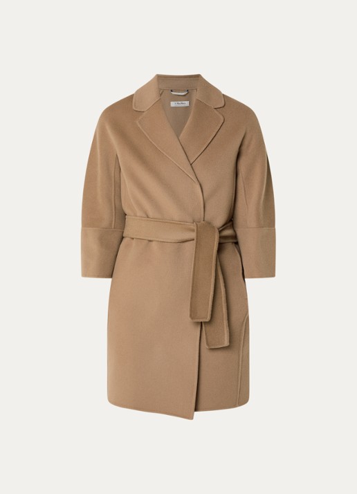 Max Mara Arona mantel van scheerwol met steekzakken en strikceintuur - voorkant 2 camel