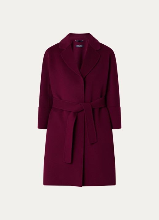 Max Mara Arona mantel van scheerwol met steekzakken en strikceintuur - voorkant 2 bordeauxrood