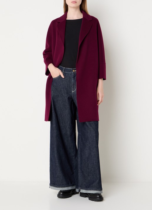 Max Mara Arona mantel van scheerwol met steekzakken en strikceintuur - voorkant 3 bordeauxrood
