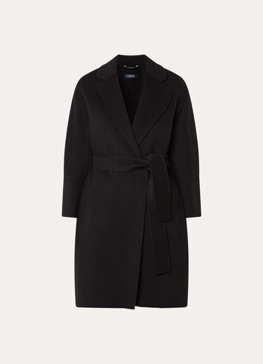 Max Mara Arona mantel van scheerwol met strikceintuur - voorkant 3 zwart