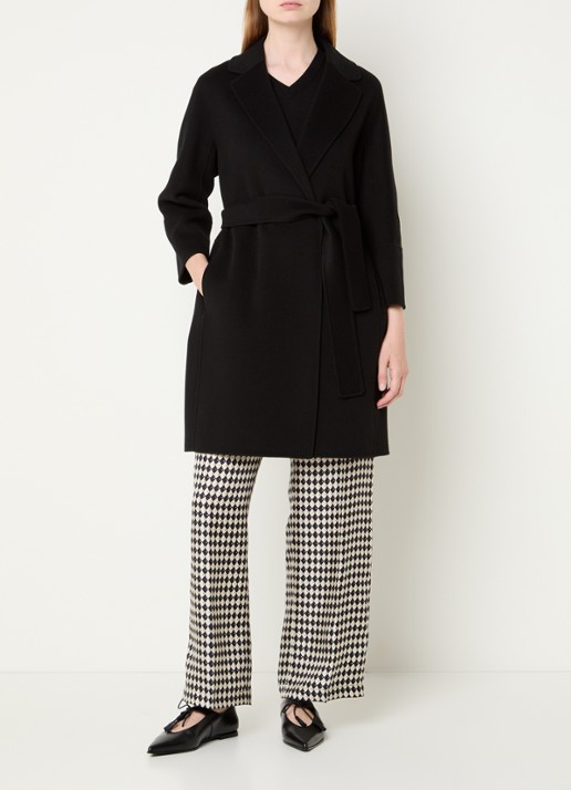 Max Mara Arona mantel van scheerwol met strikceintuur - voorkant 4 zwart