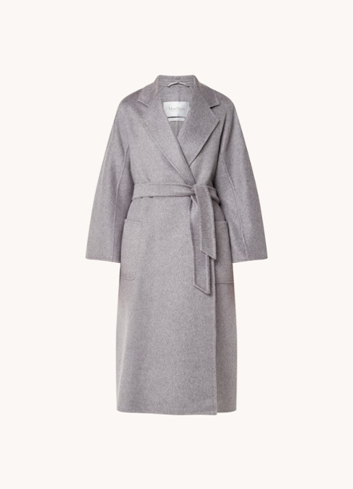 Max Mara Arona mantel van scheerwol met strikceintuur - voorkant 3 lichtgrijs