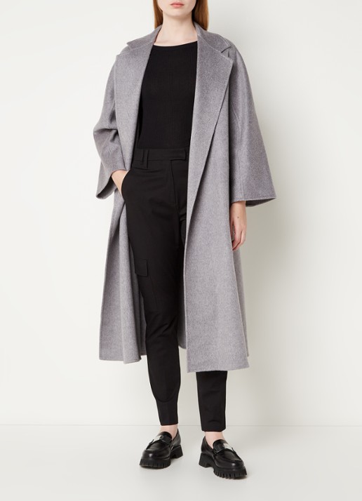 Max Mara Arona mantel van scheerwol met strikceintuur - voorkant 4 lichtgrijs