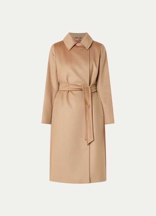 Max Mara Bcollag mantel van scheerwol met strikceintuur - voorkant 3 camel