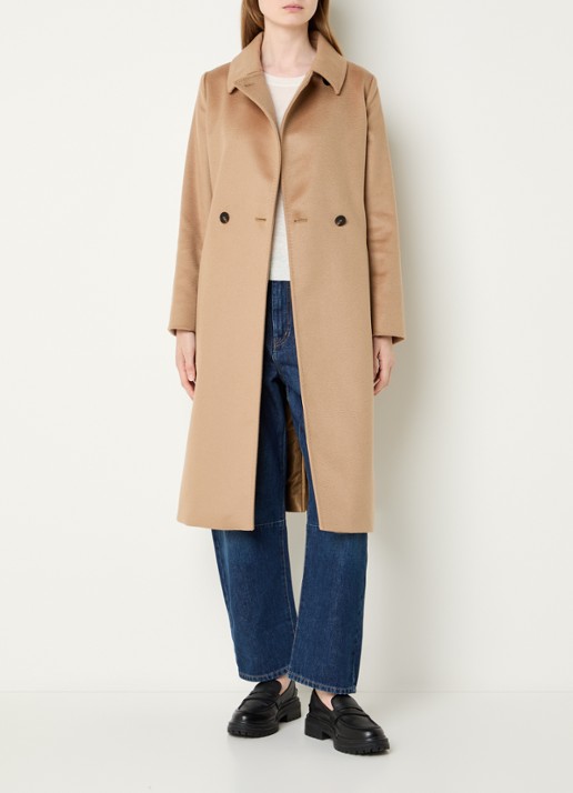 Max Mara Bcollag mantel van scheerwol met strikceintuur - voorkant 4 camel