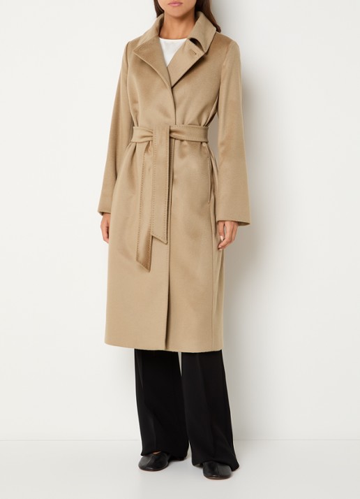 Max Mara Bcollag mantel van scheerwol met strikceintuur - voorkant 2 beige