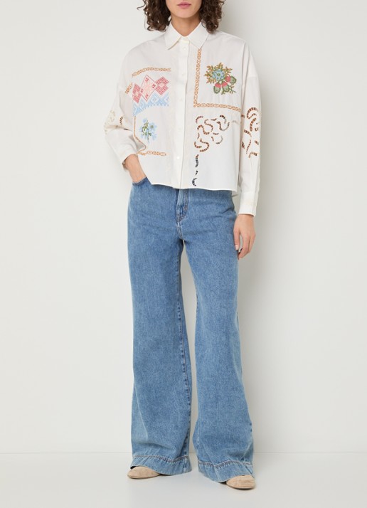 Max Mara Blouse met borduring en opengewerkt detail - voorkant 2 wit