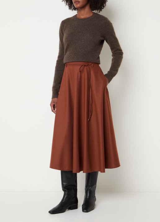 Max Mara Califfo midi plooirok van kasjmier met strikceintuur - voorkant 4 steenrood