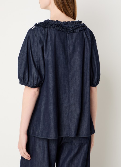 Max Mara Catia tuniek van denim met ballonmouw en strass - achterkant indigo