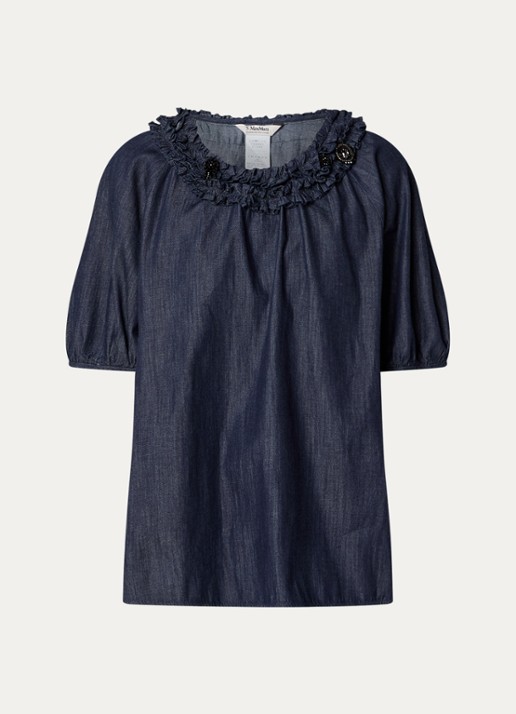 Max Mara Catia tuniek van denim met ballonmouw en strass - voorkant 2 indigo