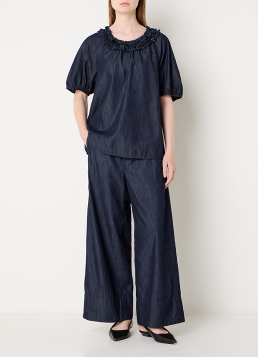 Max Mara Catia tuniek van denim met ballonmouw en strass - voorkant 3 indigo