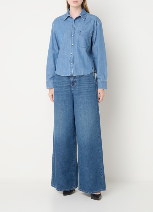 Max Mara Clio blouse van chambray met borstzak - voorkant 3 indigo