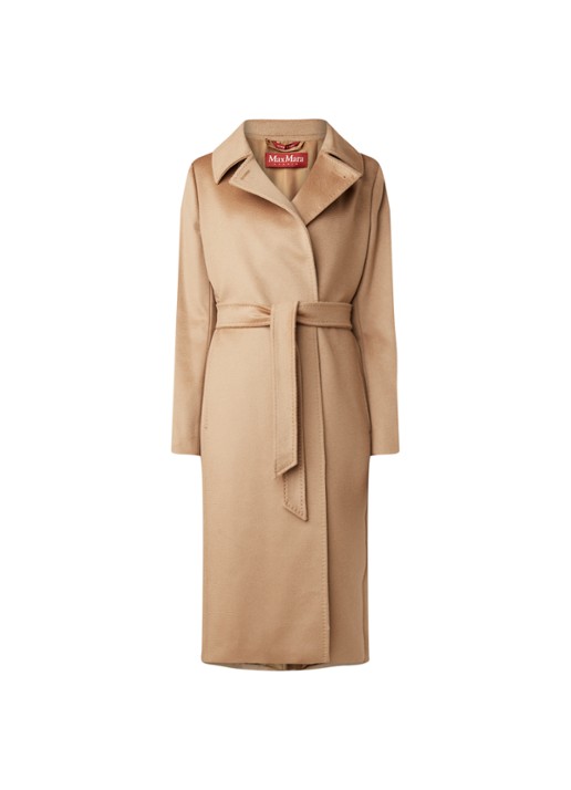 Max Mara Collage mantel in wolblend met strikceintuur - voorkant camel