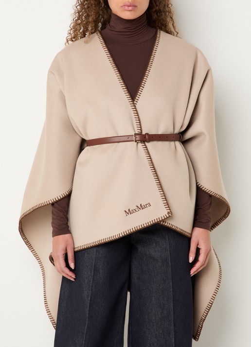 Max Mara Colomba cape van wol met ceintuur - detail 4 zand