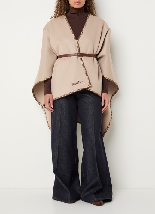 Max Mara Colomba cape van wol met ceintuur - voorkant 2 zand