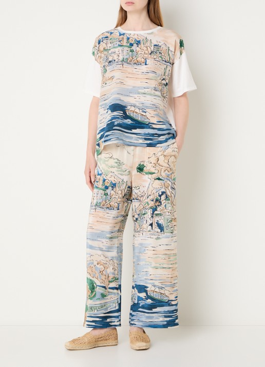 Max Mara Curva high waist straight fit broek van zijde met print - voorkant 4 lichtblauw