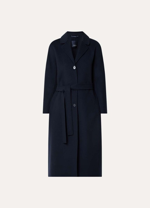 Max Mara Dama mantel van scheerwol met steekzakken en strikceintuur - voorkant 2 donkerblauw