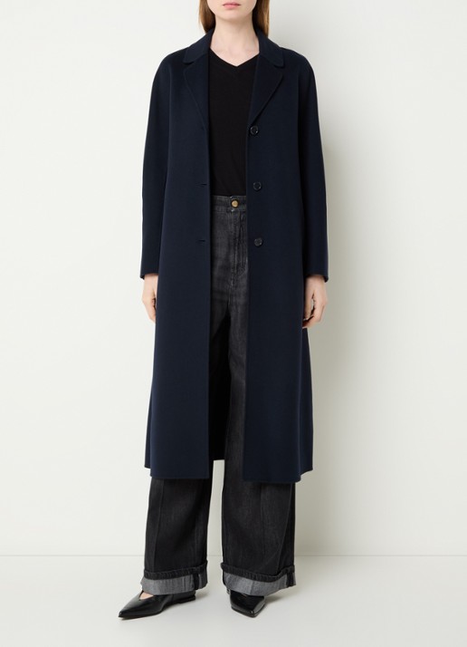 Max Mara Dama mantel van scheerwol met steekzakken en strikceintuur - voorkant 3 donkerblauw