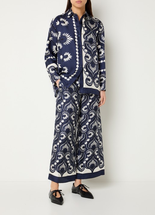 Max Mara Dottica high waist straight fit pantalon van zijde met print - voorkant 3 donkerblauw