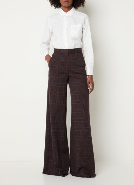 Max Mara Emiro high waist wide fit pantalon in scheerwolblend met ruitdessin - voorkant 4 roodbruin