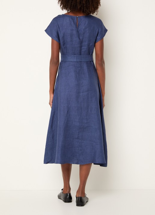Max Mara Esordio midi jurk van linnen met strikceintuur - achterkant 4 donkerblauw