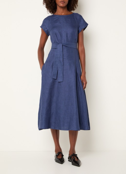 Max Mara Esordio midi jurk van linnen met strikceintuur - detail 3 donkerblauw